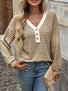 Striped V-Neck Button Front Casual Top Brown