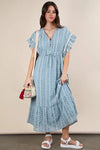 VERY J Embroidered Boho Ruffled Midi Dress Blue