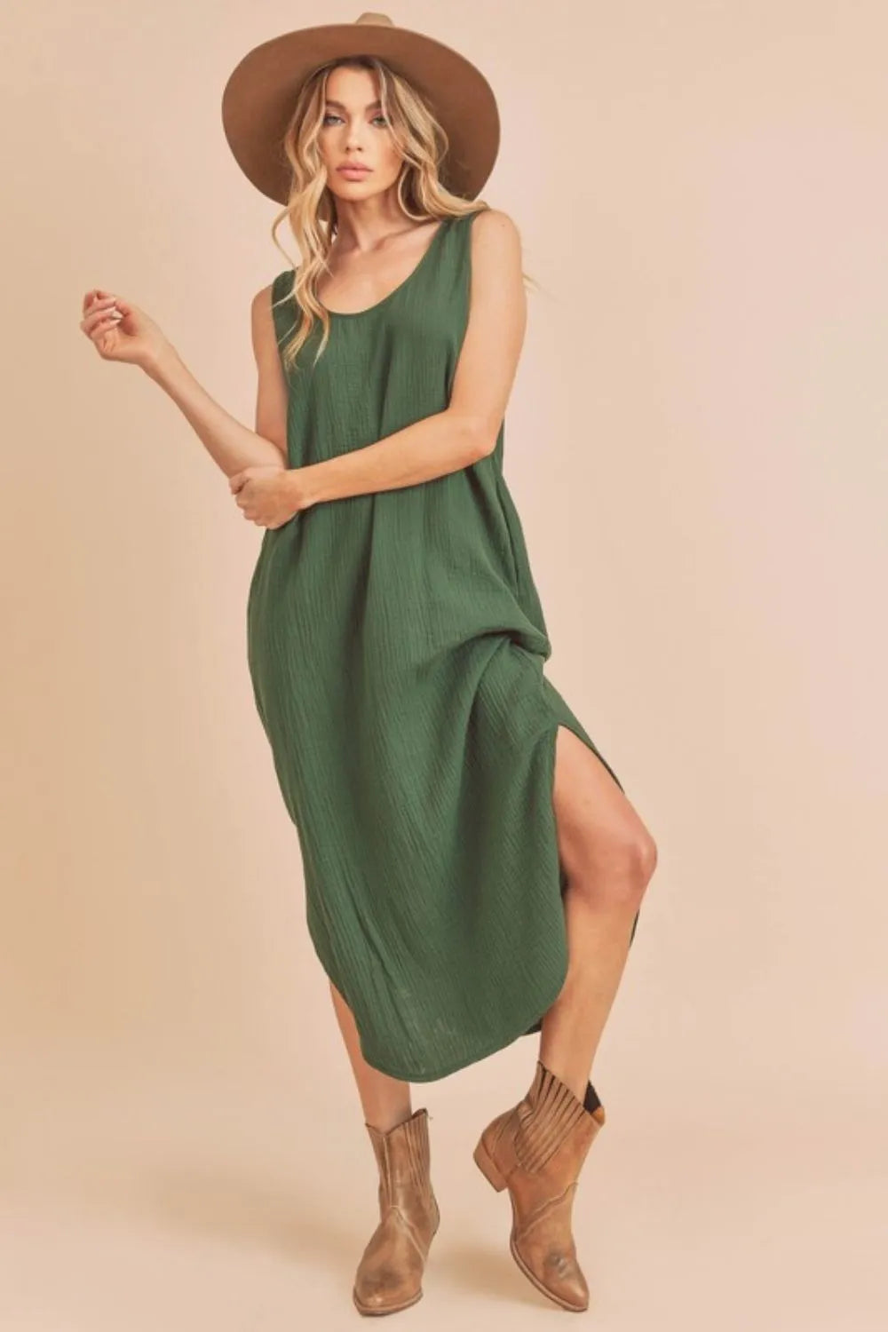 Aemi + Co Sleeveless Round Neck Midi Tank Dress with Pockets for Casual Everyday Wear