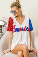 Chic Metallic Letter V-Neck Top with Sequin Sleeves for Glamorous Looks - Store 42