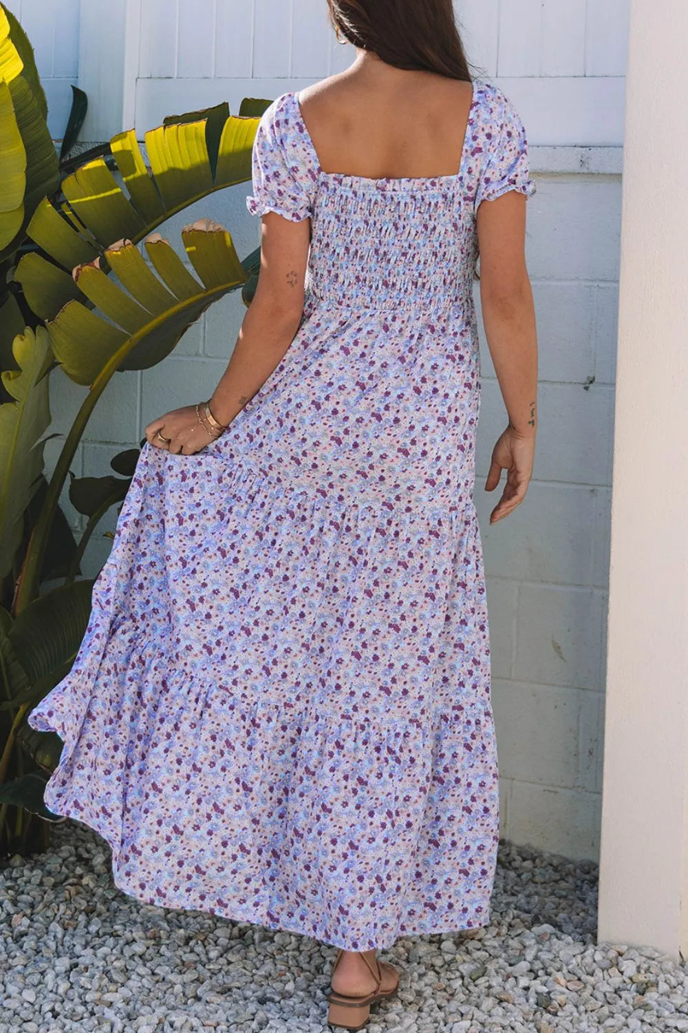 Floral Tiered Maxi Dress with Shirred High Waist - 100% Polyester, No Stretch, Not Lined
