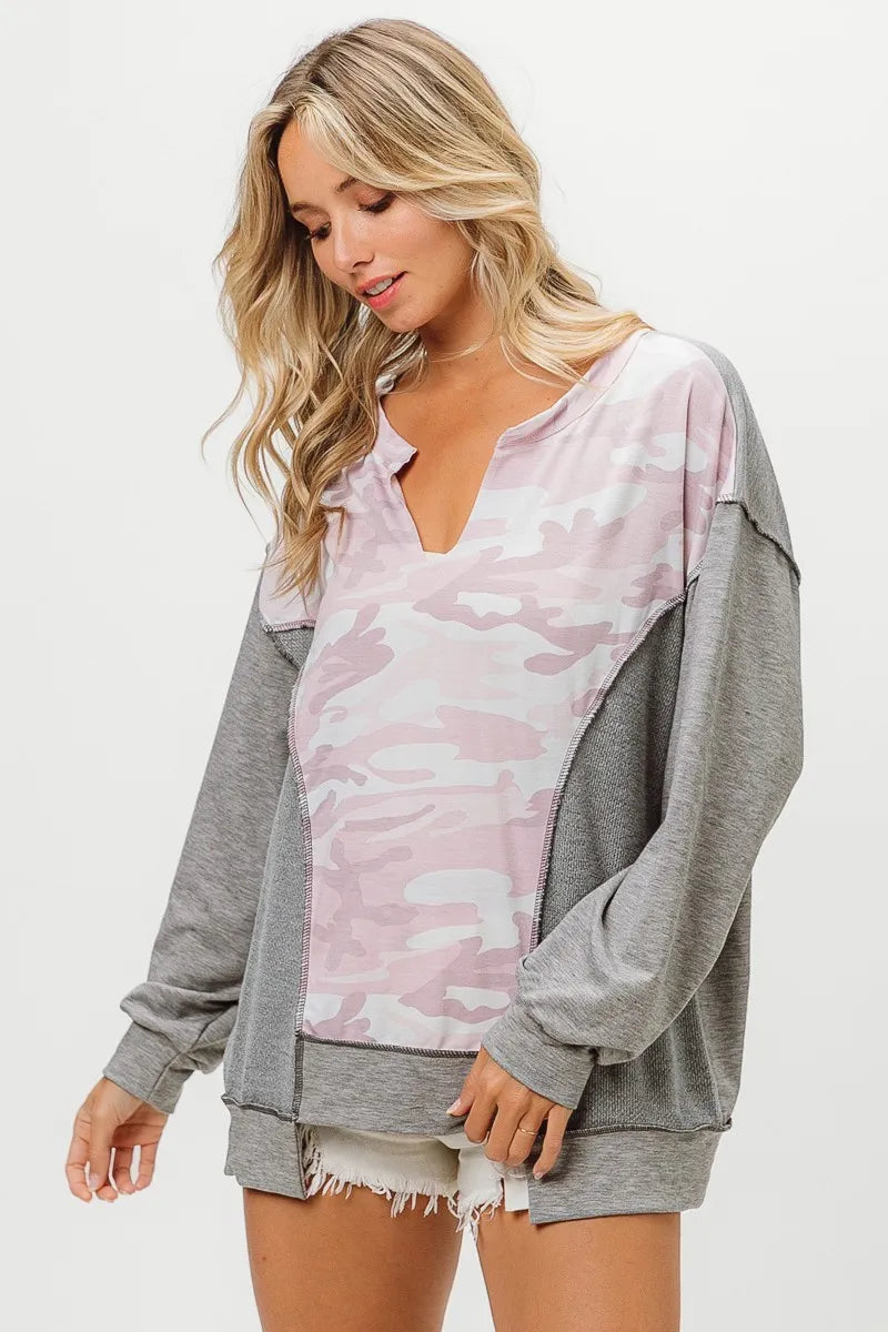 BiBi Camo Printed French Terry Knit Color Block Top