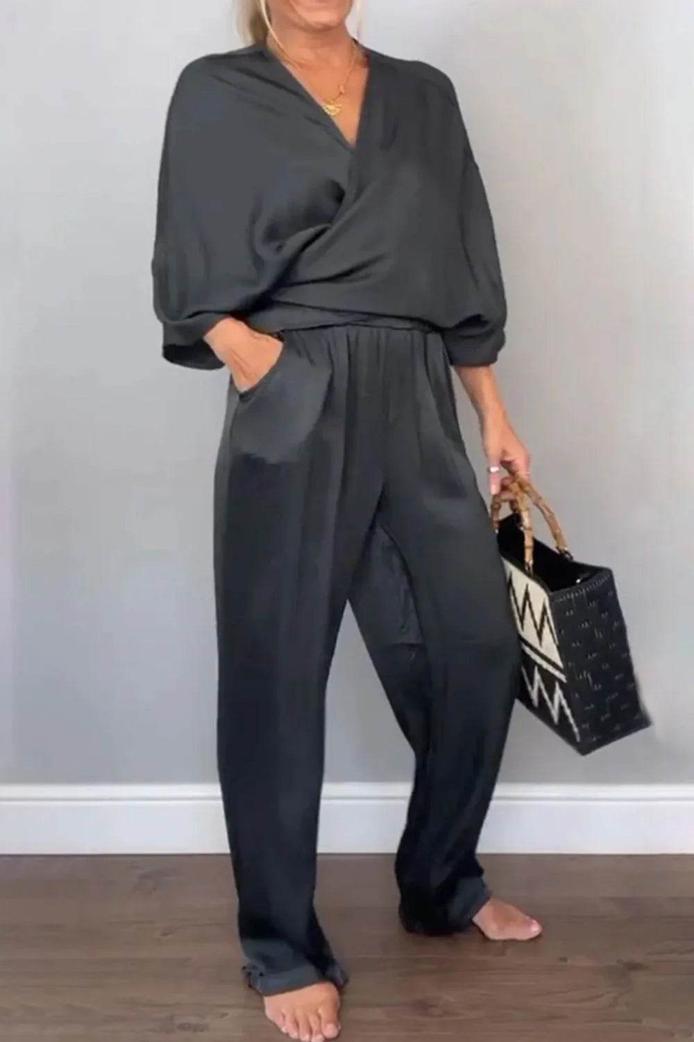 Full Size Wrap Surplice Top and Pants Set Plus Size - Store 42