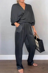 Full Size Wrap Surplice Top and Pants Set Plus Size - Store 42