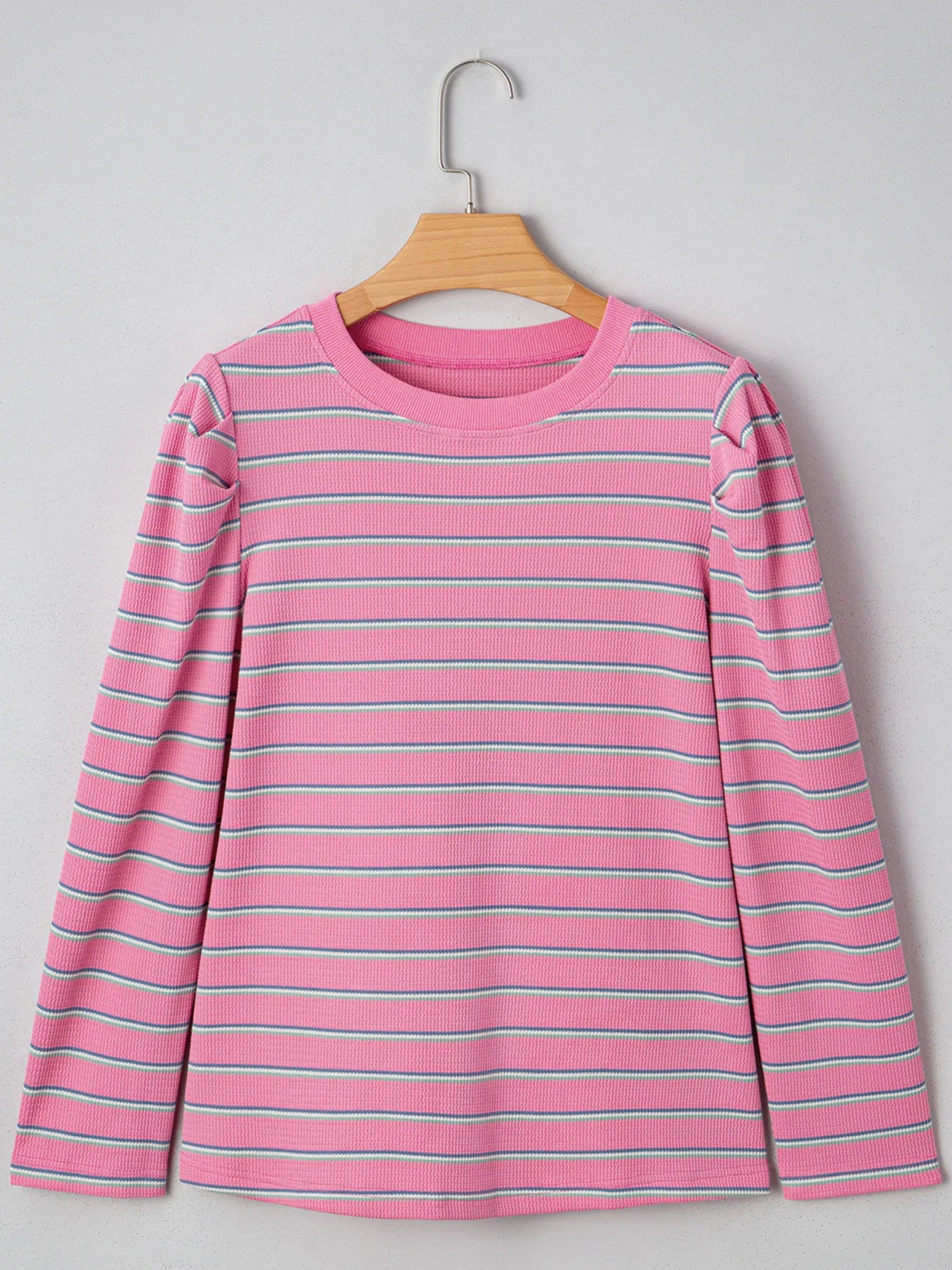 Stripe Textured Knit Long Sleeve Top with Round Neck - Slightly Stretchy Polyester Blend