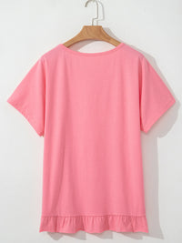 Ruffle Hem Round Neck Relaxed T-Shirt