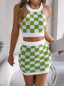 Checkered Grecian Neck Cami and Skirt Sweater Set