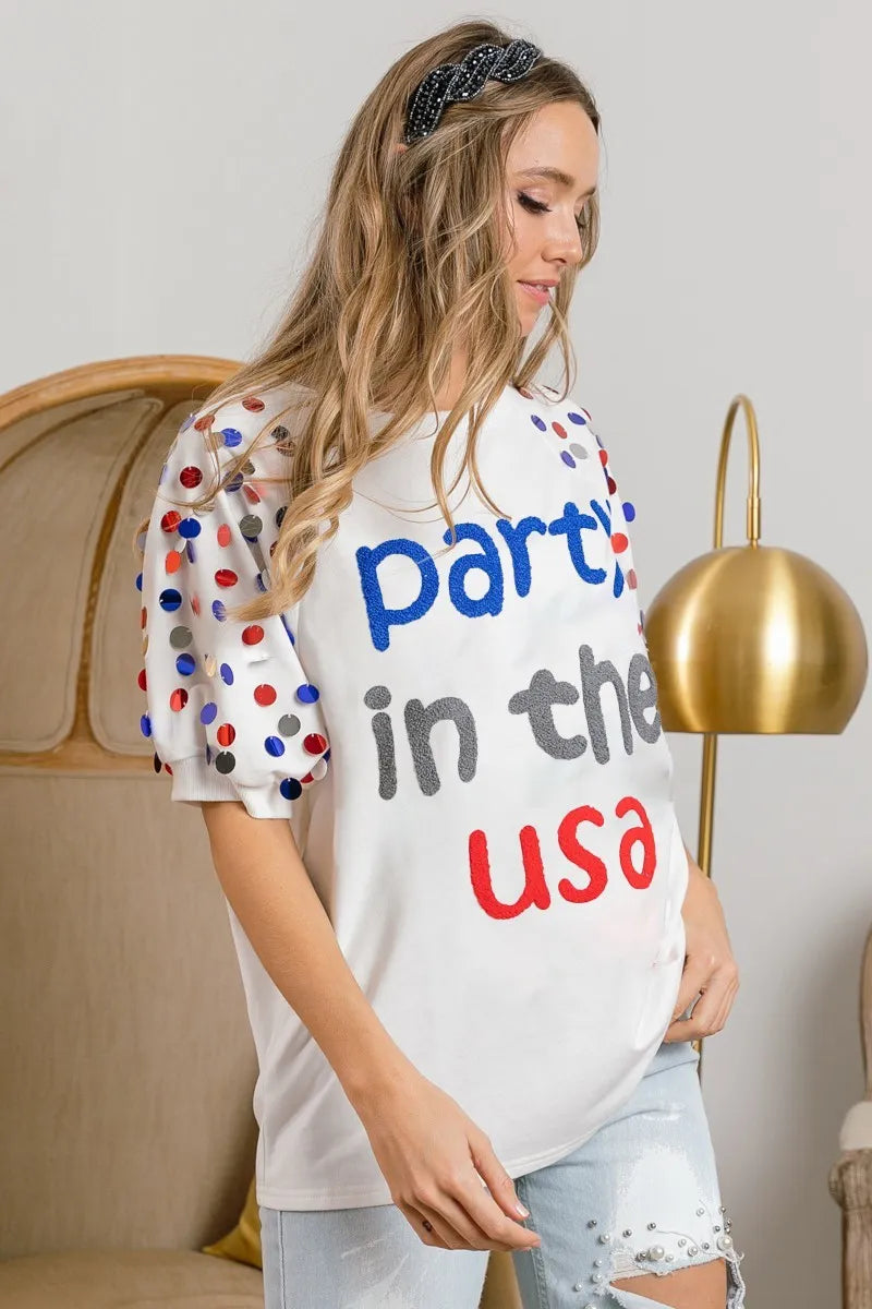 USA-Party Inspired Spangle Puff Sleeves Top - Trendy & Feminine Sparkle Blouse