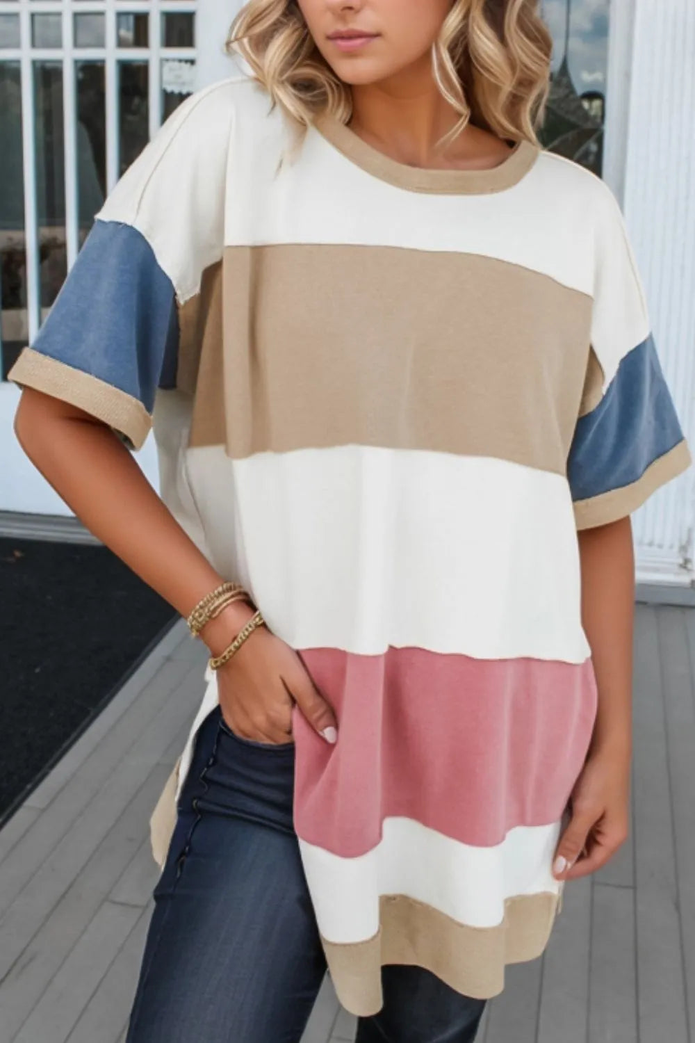 Color Block Patchwork Tunic T-Shirt with Side Split - Slightly Stretchy Cotton Blend