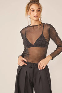 Idem Ditto Sparkling Glitter Long Sleeve Sheer Top BLACK