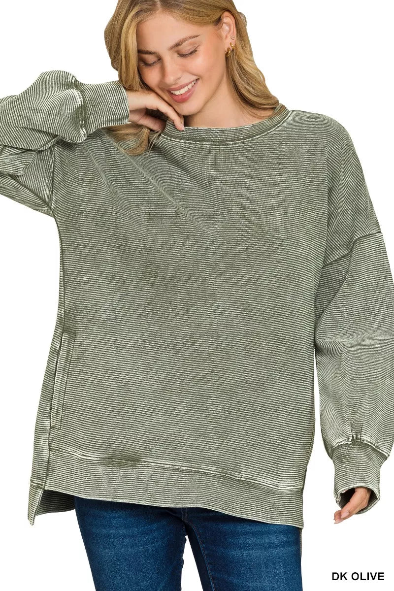Zenana Full Size Acid Washed Double Ribbed Hi-low Sweatshirt Plus Size
