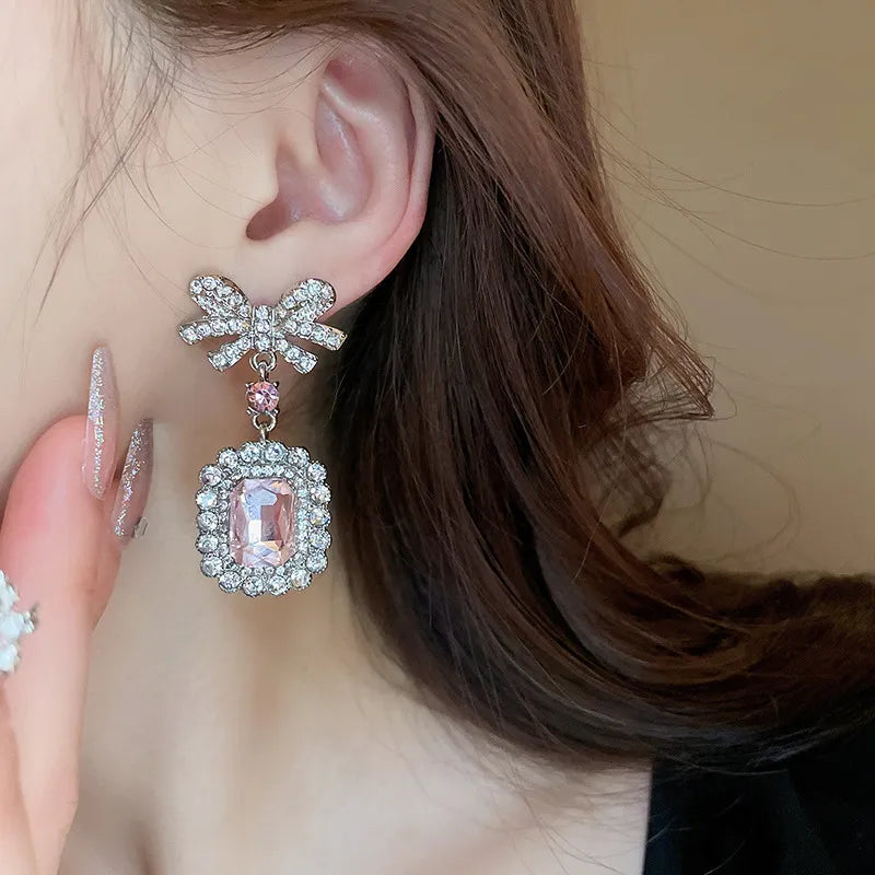 2.2-Inch Alloy Crystal Geometric Dangle Earrings with Rhinestone Finish - Elegant Statement Jewelry