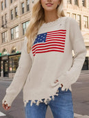 Distressed US Flag Long Sleeve Sweater for Women - 100% Acrylic, Moderate Stretch - Store 42