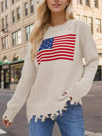 Distressed US Flag Long Sleeve Sweater for Women - 100% Acrylic, Moderate Stretch - Store 42