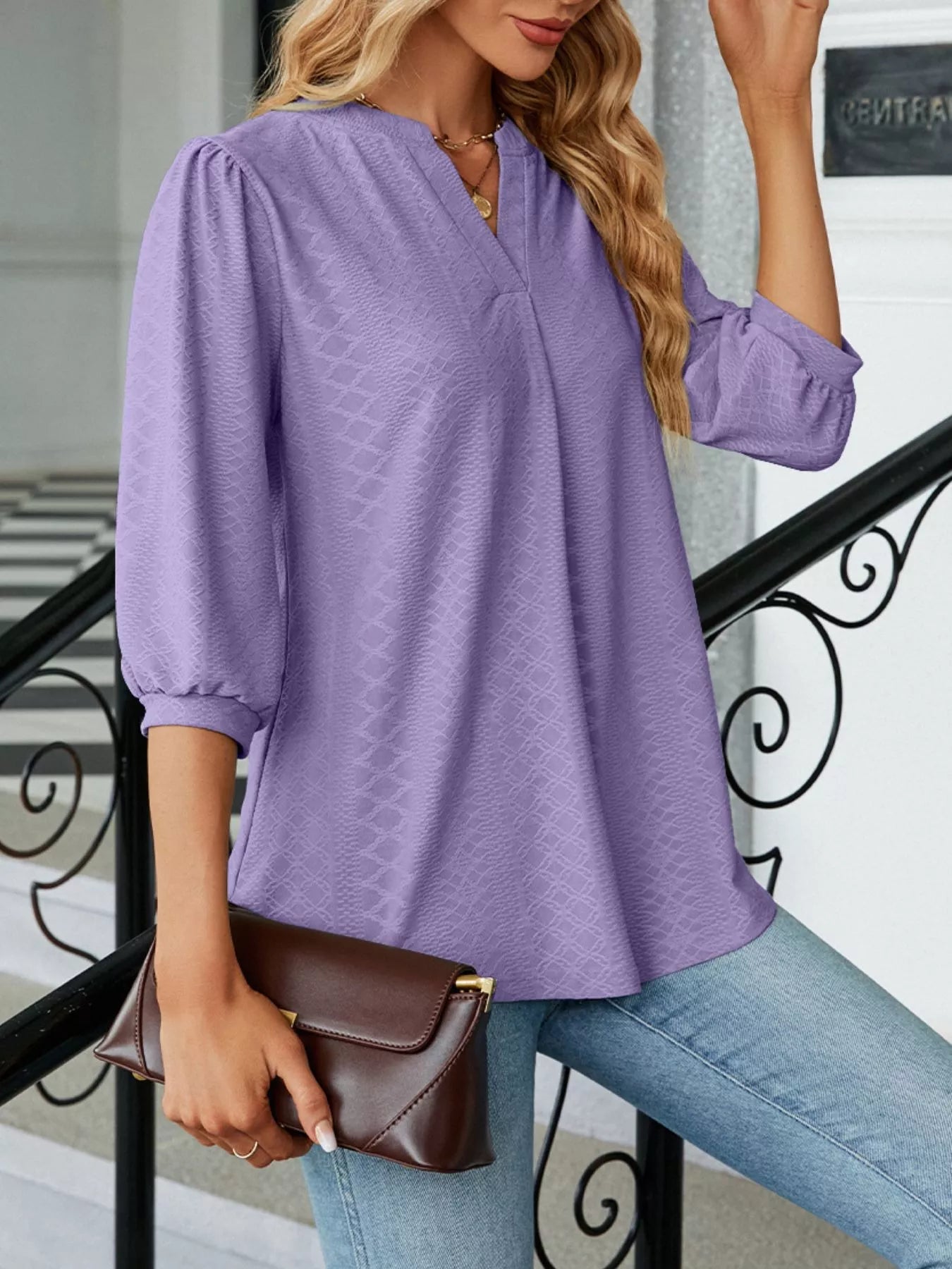 Notched 3/4 Sleeve Casual Top - Comfortable Rayon-Polyester Blend - Trendy Basic Style