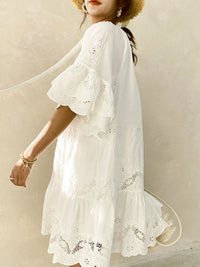 Eyelet Embroidered Tassel Tie Neck Dress