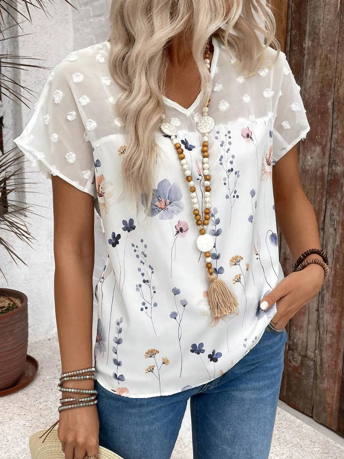 Floral Print V-Neck Flutter Sleeve Casual Top