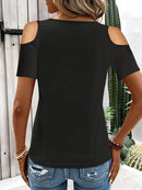 Sleek Cold Shoulder T-Shirt With Eye-Catching Metal Ring Detail - 95% Polyester, Slightly Stretchy - Store 42