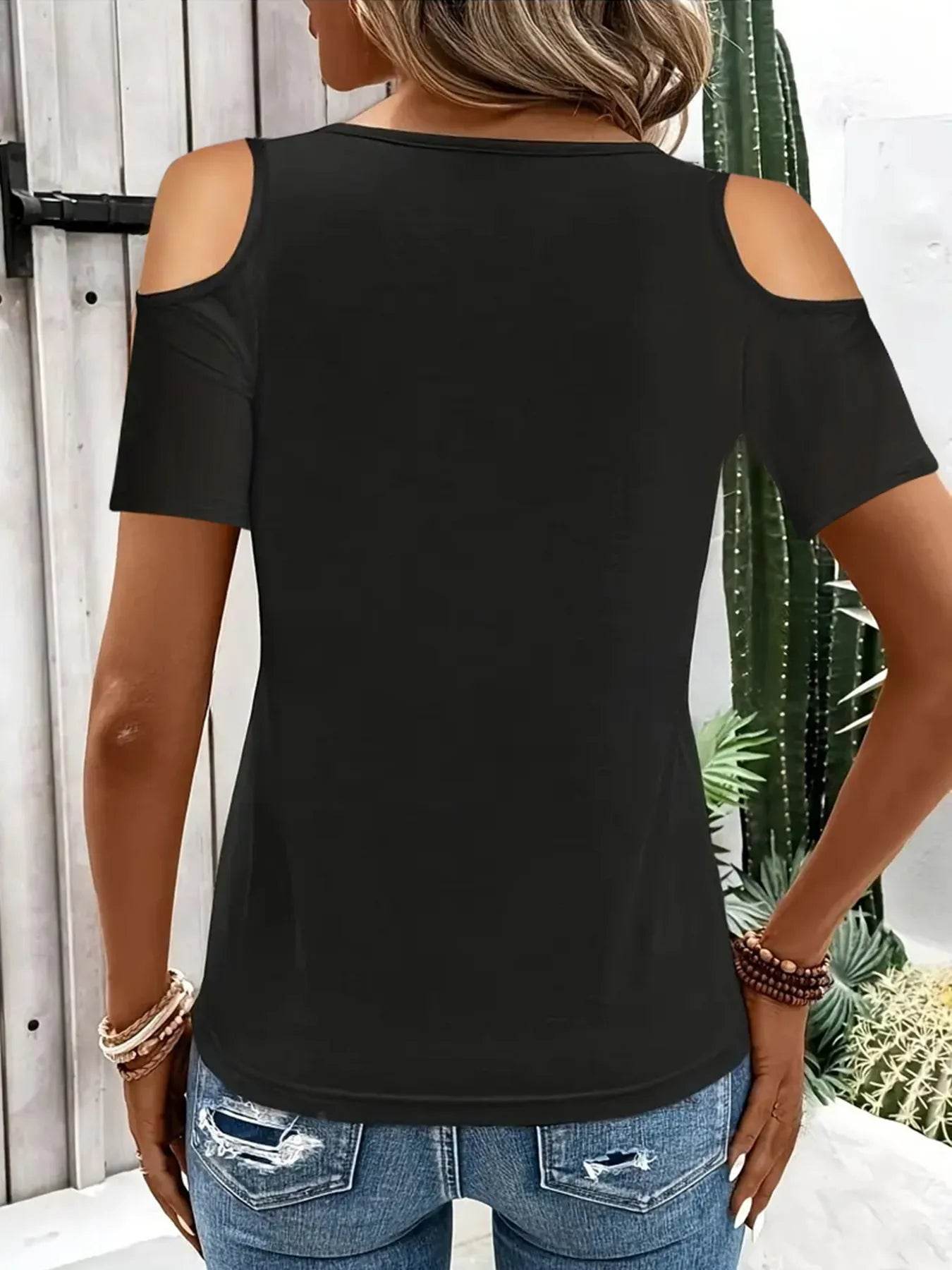 Sleek Cold Shoulder T-Shirt With Eye-Catching Metal Ring Detail - 95% Polyester, Slightly Stretchy - Store 42