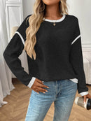 Slightly Stretchy Ribbed Long Sleeve Top with Contrast Trim - Elegant Basic Style - Store 42
