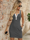 Striped Button Front Wide Strap Tank Dress Black