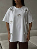Elegant Bow Round Neck Oversized T-Shirt with Lace Detail - 100% Polyester, Machine Washable - Store 42