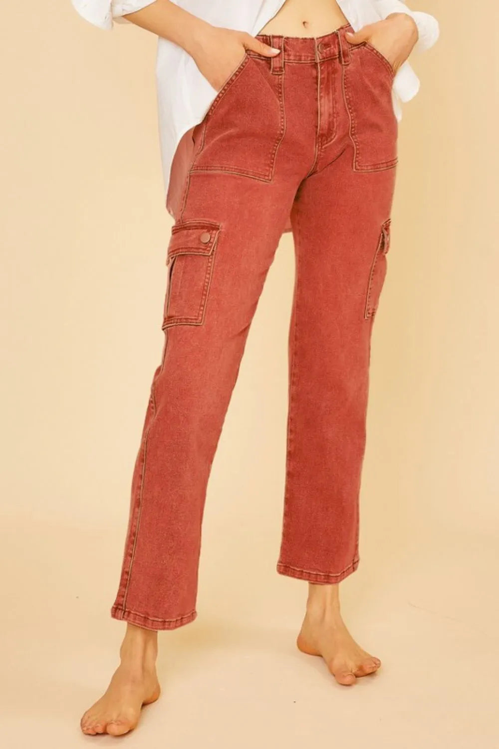 Annie Wear Stylish Straight Leg Jeans with Cargo Pockets - Versatile and Slightly Stretchy