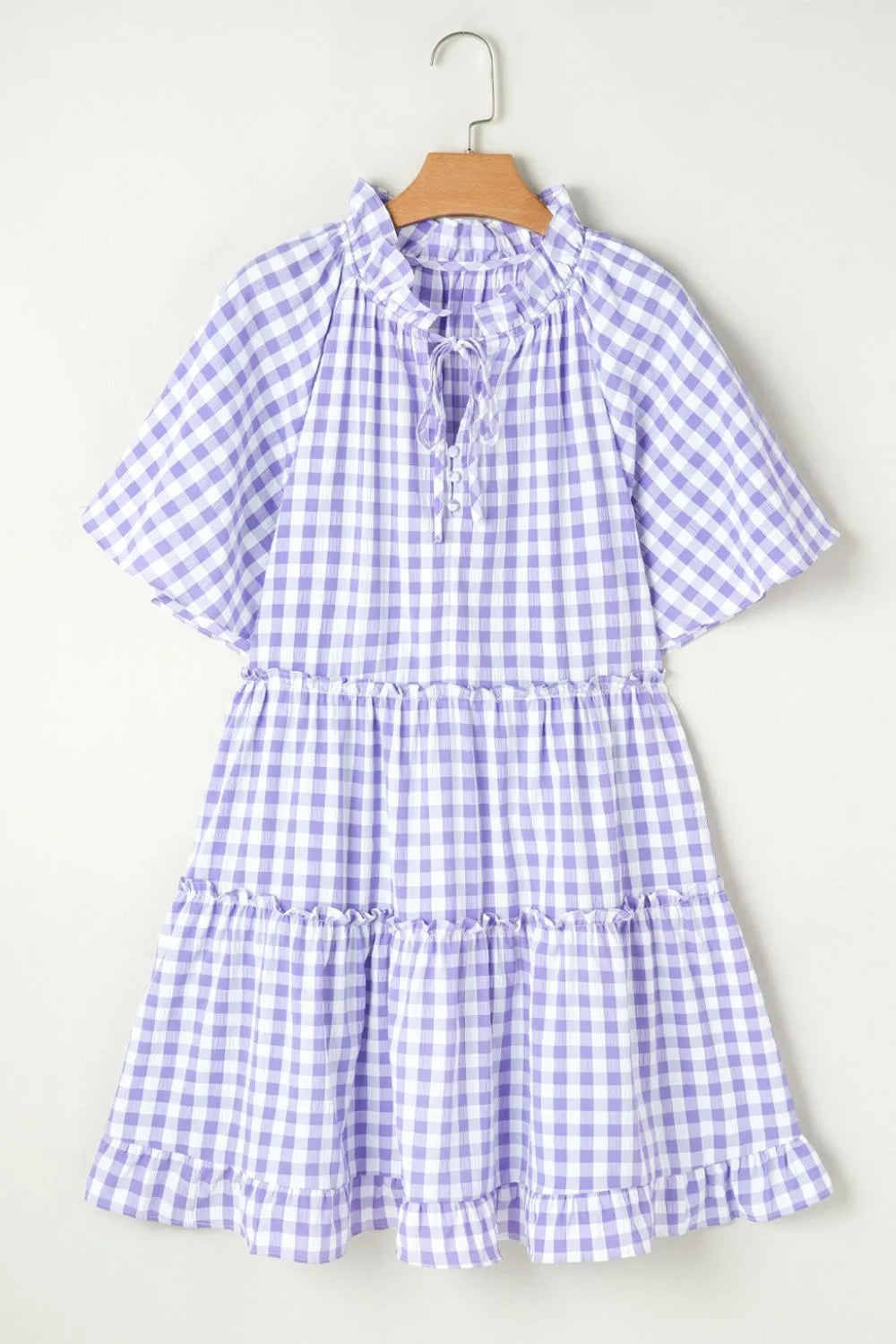 Plaid Tie Neck Short Sleeve Babydoll Mini Dress