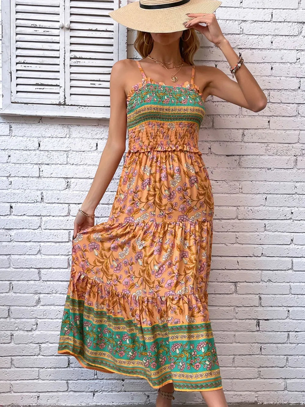 Women's Printed Square Neck Midi Cami Dress - Frill, Smocked, and Tiered Design