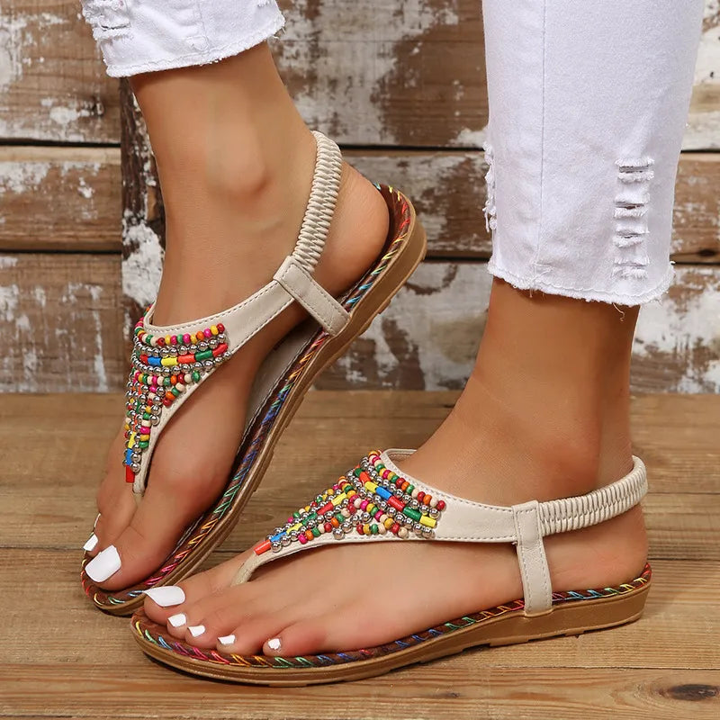 Stylish PU Leather Beaded Flat Sandals for Comfortable Summer Wear - Various Sizes Available