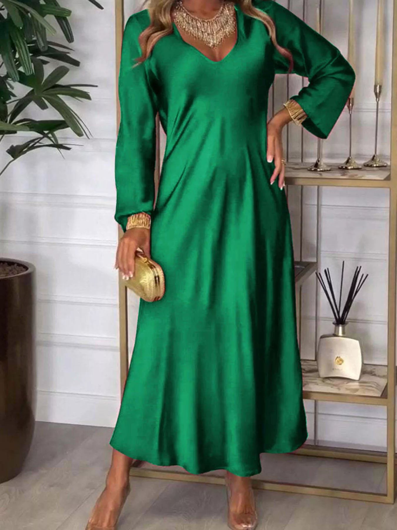 Plus Size Full Length V-Neck Long Sleeve Midi Dress, 95% Polyester, Classic Basic Style