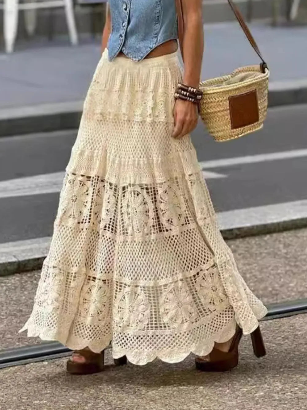 Openwork Crochet Maxi Skirt - Semi-Sheer Lace Design, 100% Polyester, One Size Fits Most