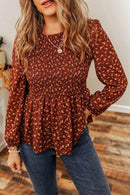 Trendsi Floral Smocked Ruffle Hem Blouse - Long Sleeve Opaque Polyester Top - Store 42