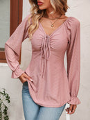 Mandy Tie Front V-Neck Blouse with Flounce Sleeves in Solid Casual Style - Store 42
