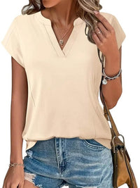 Stylish Casual Notched Short Sleeve Summer Blouse - Soft Stretchy Fabric, Perfect for Warm Days - Store 42