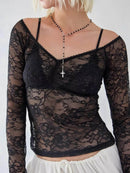 Lace Sheer Long Sleeve T-Shirt for Women - Slightly Stretchy 100% Polyester - Store 42