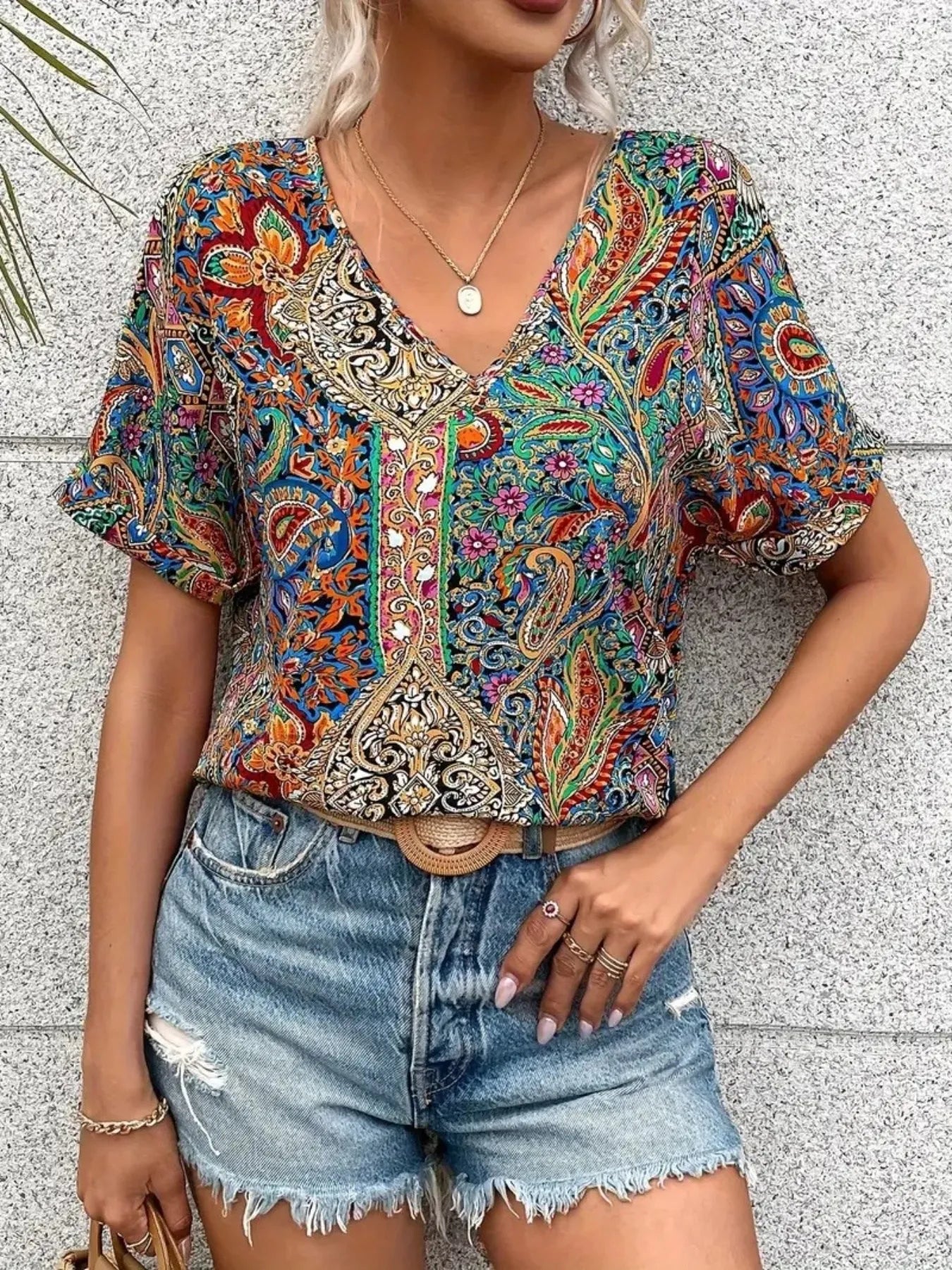 Bohemian Paisley Print V-Neck Short Sleeve T-Shirt