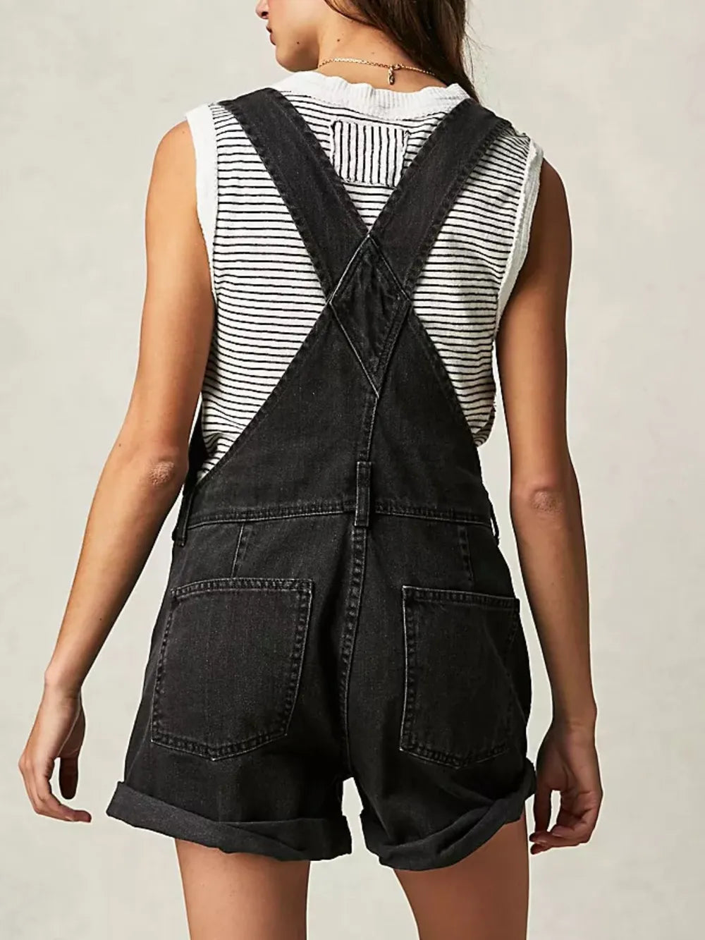 Trendy Square Neck Denim Overalls with Pocketed Crisscross Straps - 65% Cotton Blend