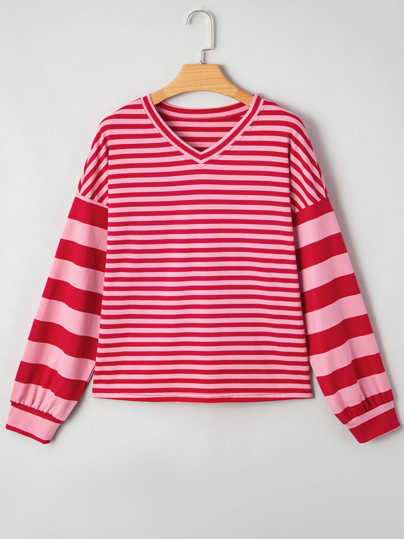 Trendy Striped Drop Shoulder V Neck Top - 95% Cotton Soft Fit with Stretch