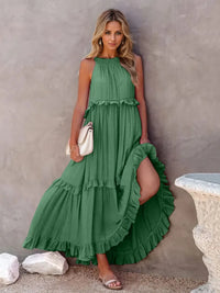 Ruffled Sleeveless Tiered Maxi Dress with Pockets Dark Green
