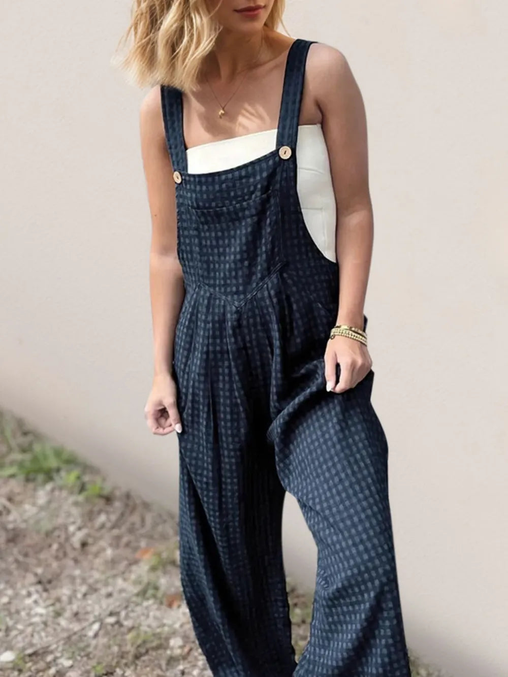 Oh Full Size Plaid Wide Leg Overalls with Pockets Peacock Blue