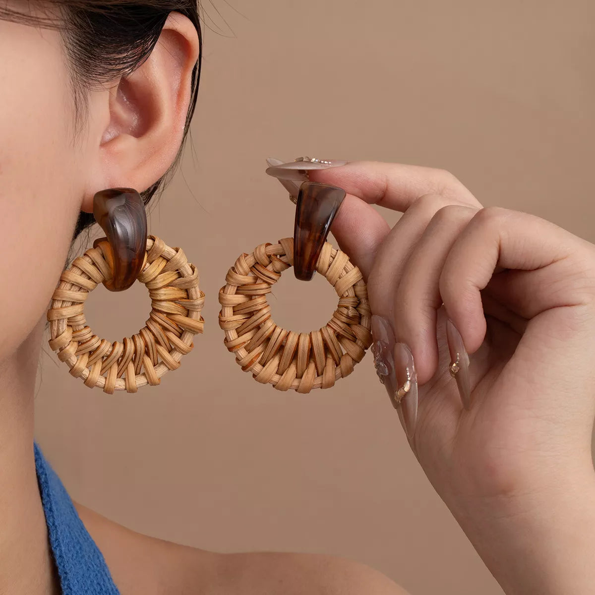 Stylish Bohemian Rattan Woven Hoop Earrings - Lightweight Acrylic & Wooden Design
