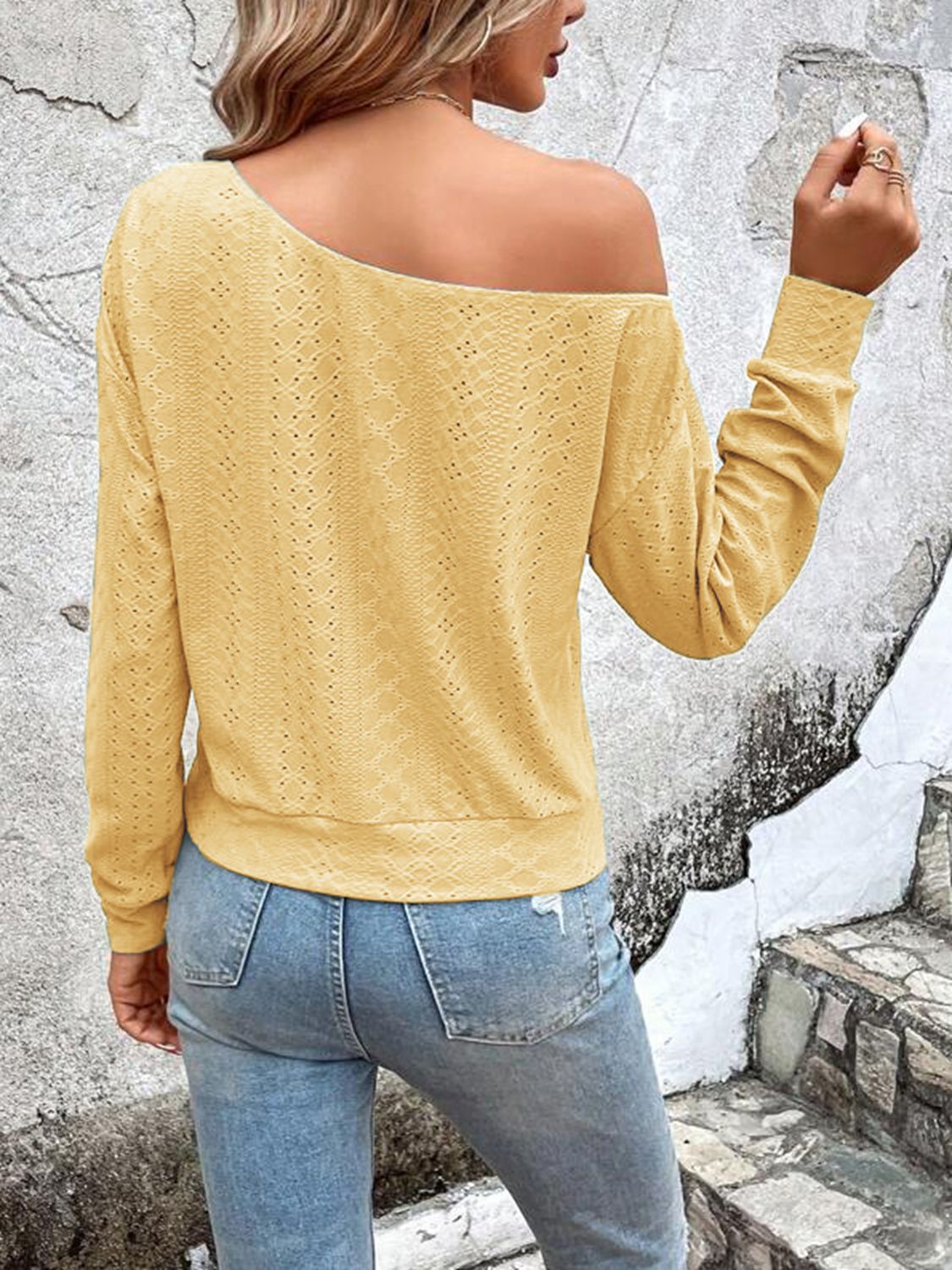 Woman's Eyelet One Shoulder Blouse with Long Sleeves - Urban Solid Style, Semi-Sheer Fabric