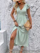 V-Neck Ruffled Cap Sleeve Dress