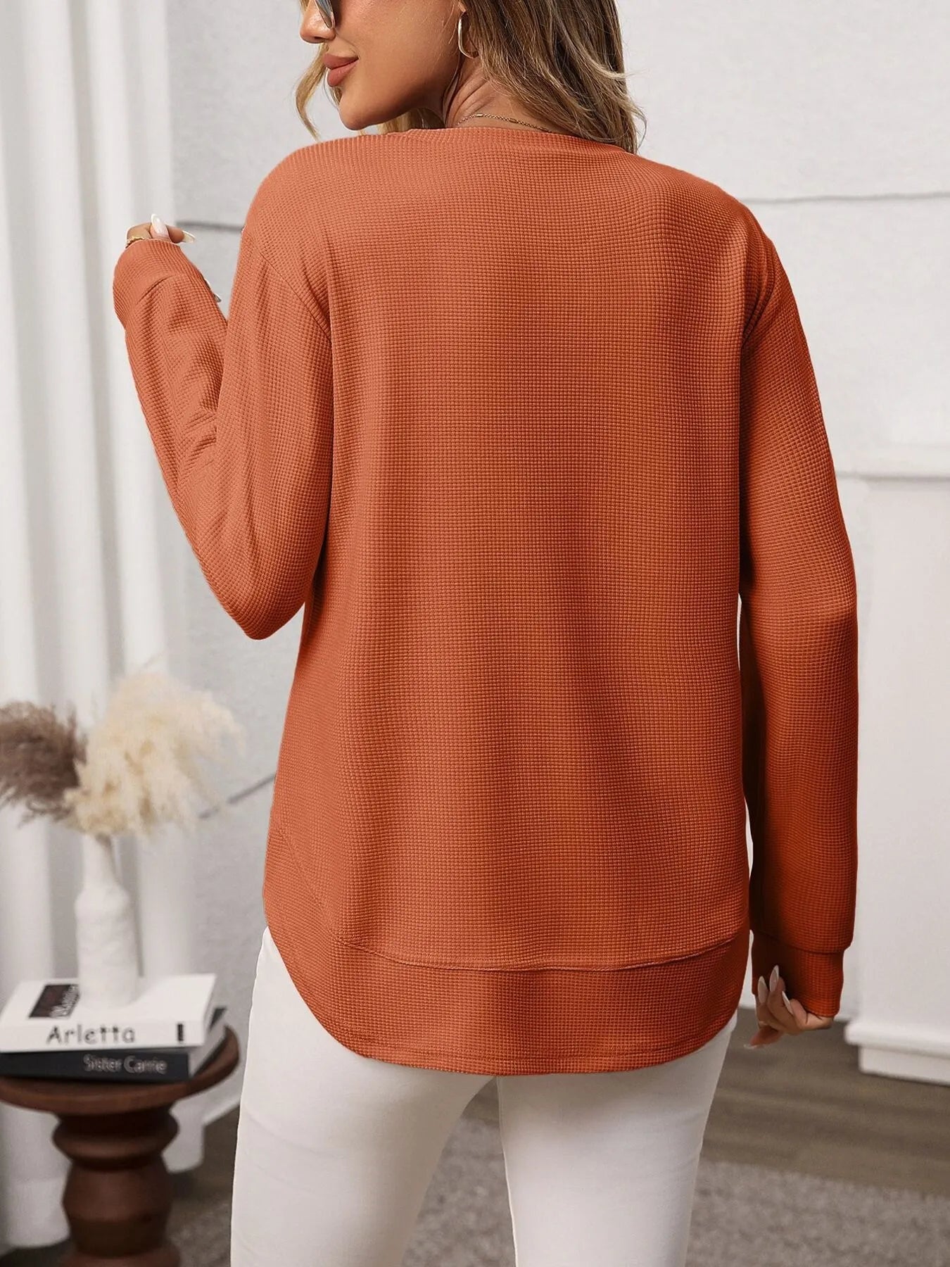 Trendsi Women's Long Sleeve Waffle-Knit Round Neck T-Shirt - Slightly Stretchy, 65% Viscose