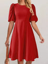Round Neck Puff Sleeve A-Line Dress Red