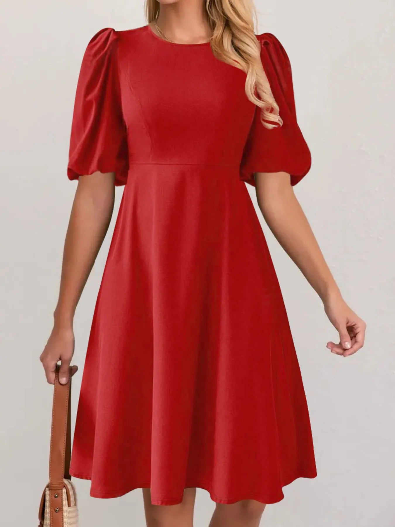 Puff Sleeve A-Line Dress with Round Neck - 100% Polyester, Machine Washable Fashion