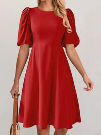 Round Neck Puff Sleeve A-Line Dress Red