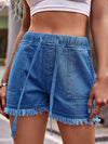 Drawstring Raw Hem Denim Shorts Dark Blue