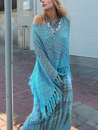 Tassel Boat Neck Knit Shawl Sky Blue